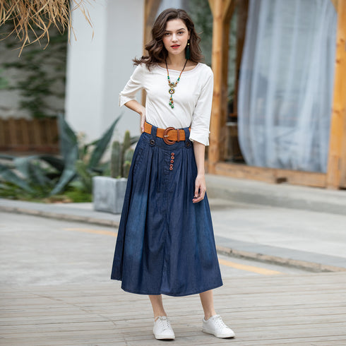 Thin Elastic Waist Denim Long Skirt - ROUTINE FASHION