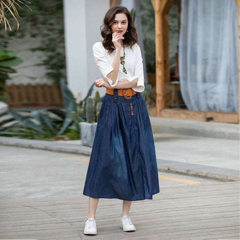 Thin Elastic Waist Denim Long Skirt - ROUTINE FASHION