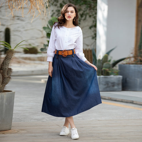 Thin Elastic Waist Denim Long Skirt - ROUTINE FASHION