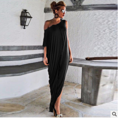 Maxi Round Neck Short Sleeve Loose Stitching Fashion Dress Long Skirt - ROUTINE FASHION