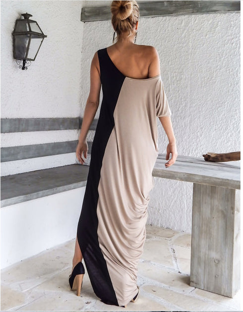 Maxi Round Neck Short Sleeve Loose Stitching Fashion Dress Long Skirt - ROUTINE FASHION