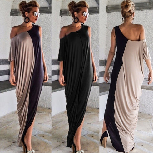 Maxi Round Neck Short Sleeve Loose Stitching Fashion Dress Long Skirt - ROUTINE FASHION