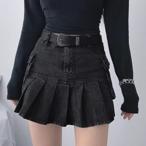 Denim Pleated Skirt High Waist Skirt - ROUTINE FASHION