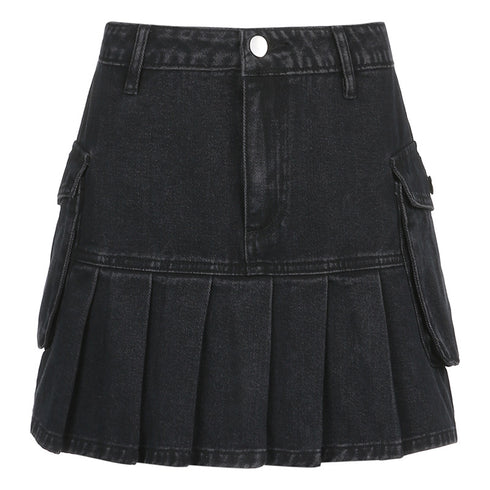 Denim Pleated Skirt High Waist Skirt - ROUTINE FASHION