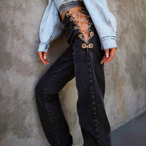 High-rise chain straight-leg jeans - ROUTINE FASHION