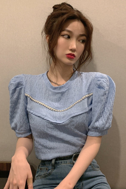 Blue Shirt Women Sleeve Puff Sleeve French Blouse - ROUTINE FASHION