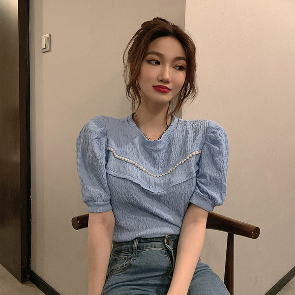 Blue Shirt Women Sleeve Puff Sleeve French Blouse - ROUTINE FASHION