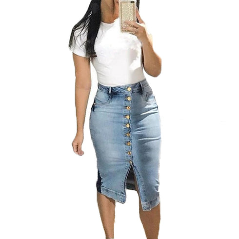 Denim Long Skirt Buttoned Slim Sexy Long Skirt - ROUTINE FASHION