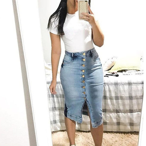 Denim Long Skirt Buttoned Slim Sexy Long Skirt - ROUTINE FASHION
