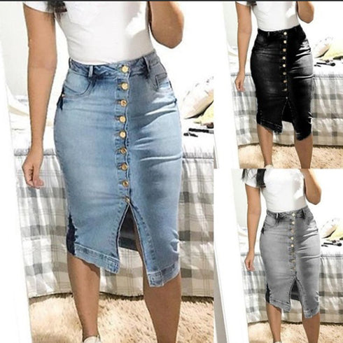 Denim Long Skirt Buttoned Slim Sexy Long Skirt - ROUTINE FASHION