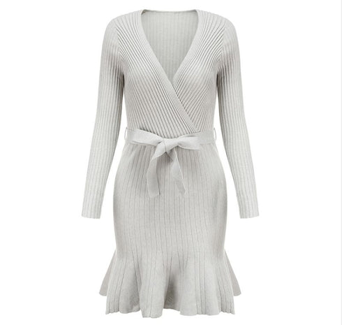 Sexy V Neck Knitted Dresses Women Long Sleeve - ROUTINE FASHION