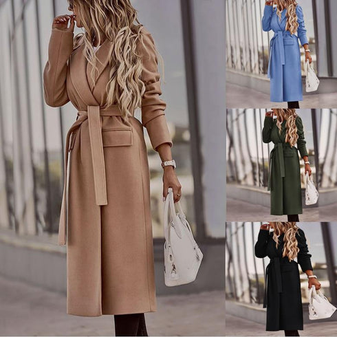 Solid color belt classic long Nizi coat coat - ROUTINE FASHION