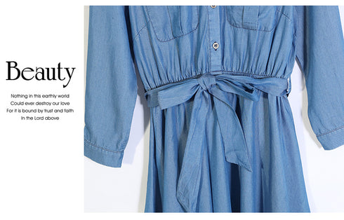 Tencel Denim Simple Plus Size Women's Long Sleeve Dress Denim Plus Size Skirt - ROUTINE FASHION