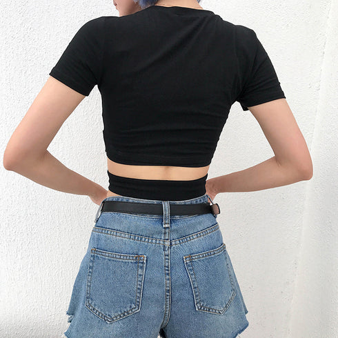 Cross straps exposed navel t-shirt women - ROUTINE FASHION