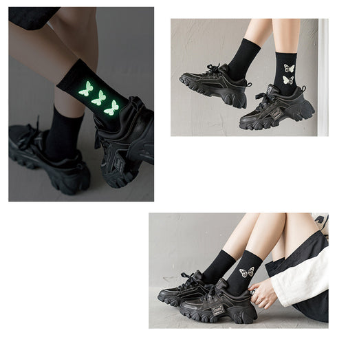 Black socks women luminous butterfly tube socks - ROUTINE FASHION