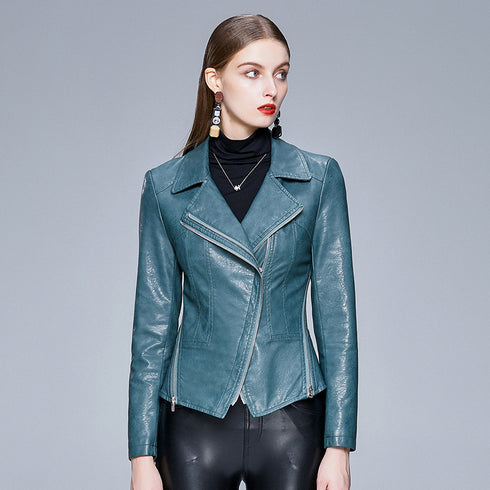 Trendy Motorcycle Leather Slim V-Neck Women's Leather Jacket - ROUTINE FASHION