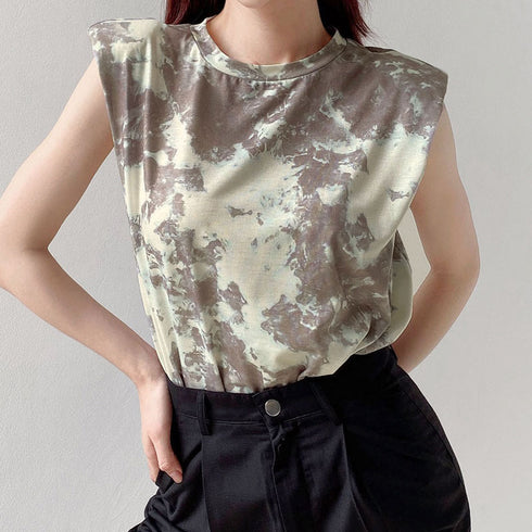 Tie-dyed shoulder pads casual T-shirt vest women - ROUTINE FASHION