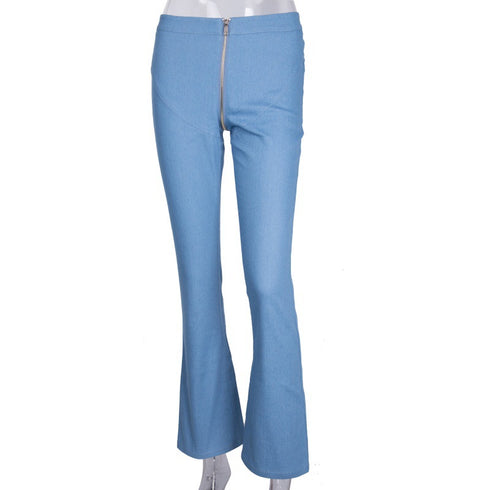 Zipper skinny jeans woman sexy light blue stretch denim pants club vintage bell bottom flare pants - ROUTINE FASHION
