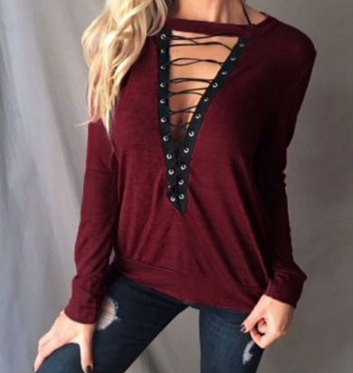Large Size T Shirt Women Lace up Tops Bandage Long Sleeve V Neck Shirts - ROUTINE FASHION