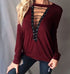 Large Size T Shirt Women Lace up Tops Bandage Long Sleeve V Neck Shirts - ROUTINE FASHION