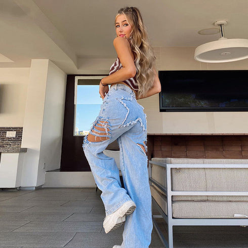 High Waist Slim Straight Pants Ripped Casual Jeans - ROUTINE FASHION