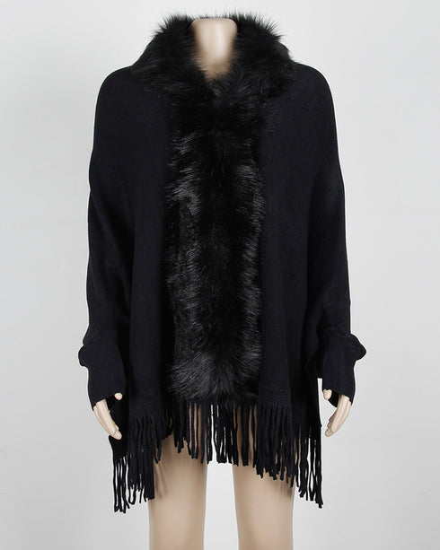 Fringed cloak shawl fur collar cape cardigan women - ROUTINE FASHION