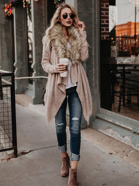 Fur collar cardigan plush trench coat - ROUTINE FASHION
