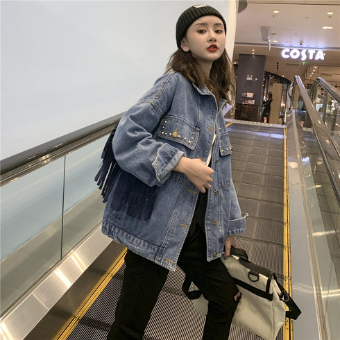 Embroidered denim jacket women loose net red tassel jacket - ROUTINE FASHION