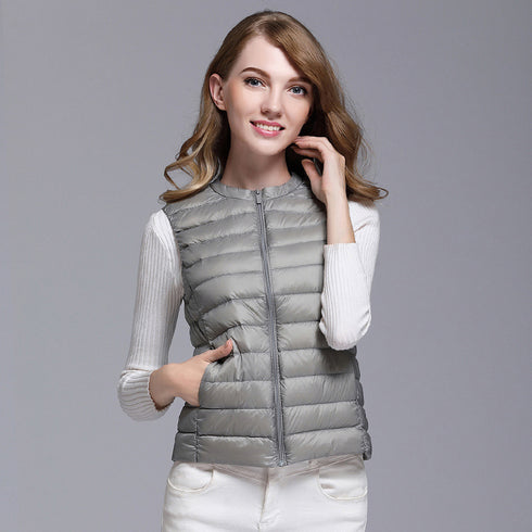 Lightweight down ladies waistcoat all-match slim fit sleeveless waistcoat short round neck large size waistcoat vest - ROUTINE FASHION