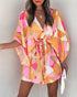 Women's V-Neck Tie Printed Beach Dress - ROUTINE FASHION