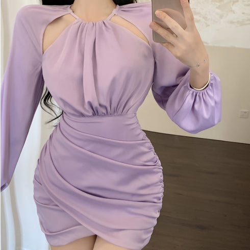 Purple Satin Dress Bag Hip Skirt Irregular Hollowed Out Hanging Neck - ROUTINE FASHION