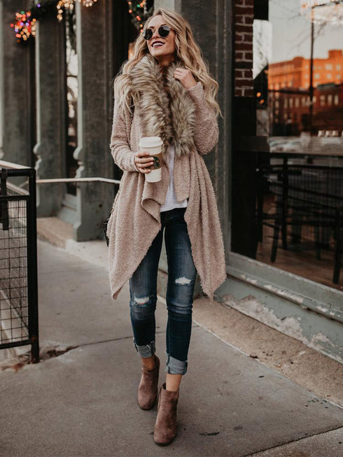 Fur collar cardigan plush trench coat - ROUTINE FASHION