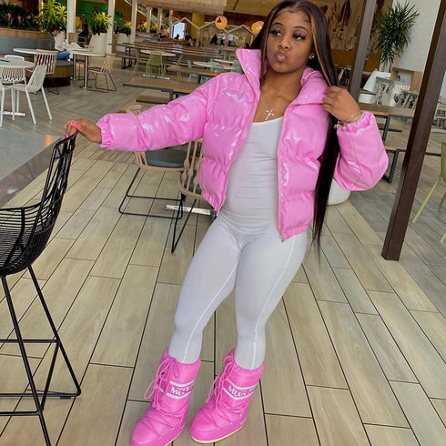 Sisterlinda Faux PU Leather Y2K Bubble Puffer Winter Warm Jacket Women Coats Long Sleeve Outerwear Zipper Casual Slim Parkas - ROUTINE FASHION