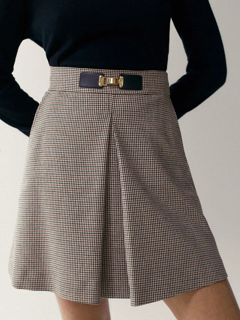 Autumn Winter A Line Houndstooth Skirt Women High Waist Office Skirts Vintage Plaid Mini Skirt - ROUTINE FASHION