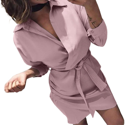Women's Belt Irregular Solid Color Shirt Dress - ROUTINE FASHION