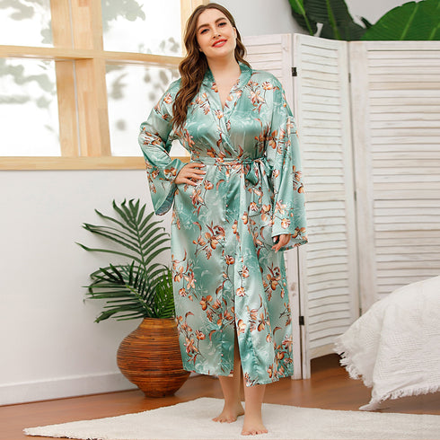 Long Robes For Women Flower Print Bathrobe V-neck Silk Sleepwear - ROUTINE FASHION