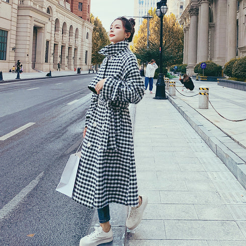 Women's Winter Classic Black And White Lattice Long Thick Woolen Coat - ROUTINE FASHION