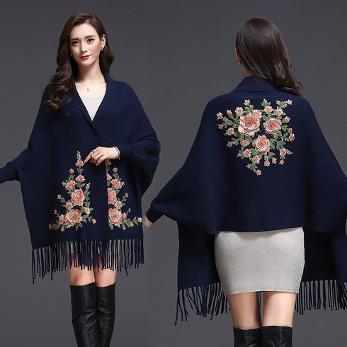 Shawl Women Embroidered Outer Cape Cloak Thick Sweater Coat - ROUTINE FASHION