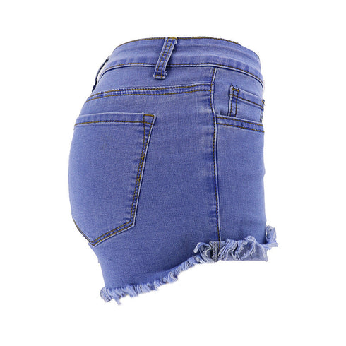Blue High-waisted Feet Fringed Denim Shorts Women - ROUTINE FASHION