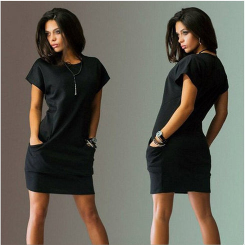 Summer Fashion Women Clothing Casual Short Sleeve O-Neck Black Blue Dresses Slim Pocket Bodycon T Shirt Dress - ROUTINE FASHION