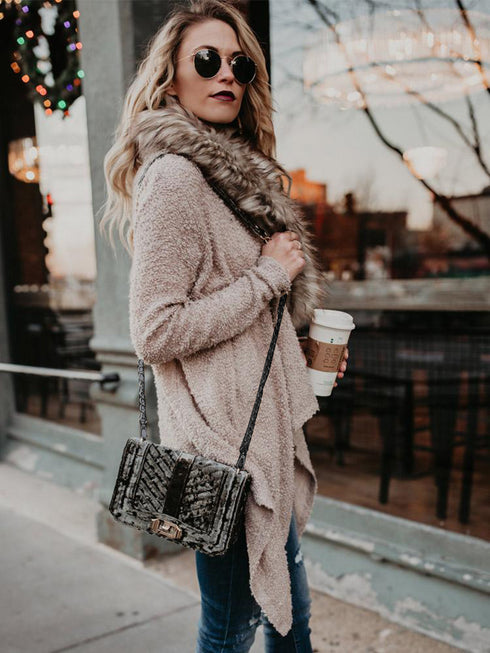 Fur collar cardigan plush trench coat - ROUTINE FASHION