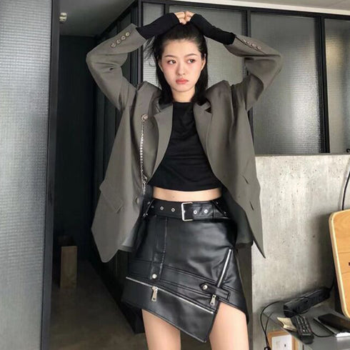 Irregular belt motorcycle leather skirt - ROUTINE FASHION