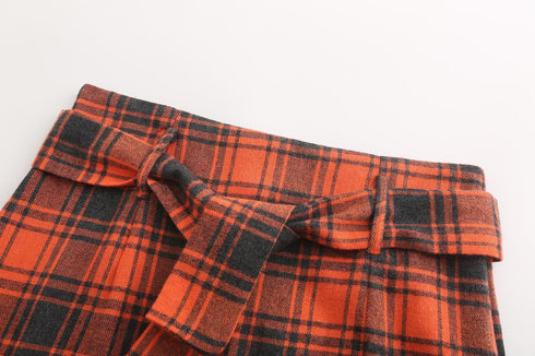 Plaid Midi Wild Belt A-line Skirt - ROUTINE FASHION