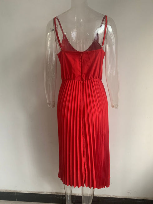 Solid Color Pleated Maxi Skirt With Sexy Suspenders - ROUTINE FASHION