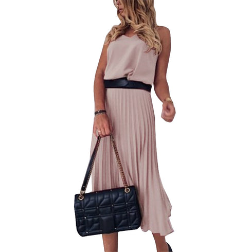 Solid Color Pleated Maxi Skirt With Sexy Suspenders - ROUTINE FASHION