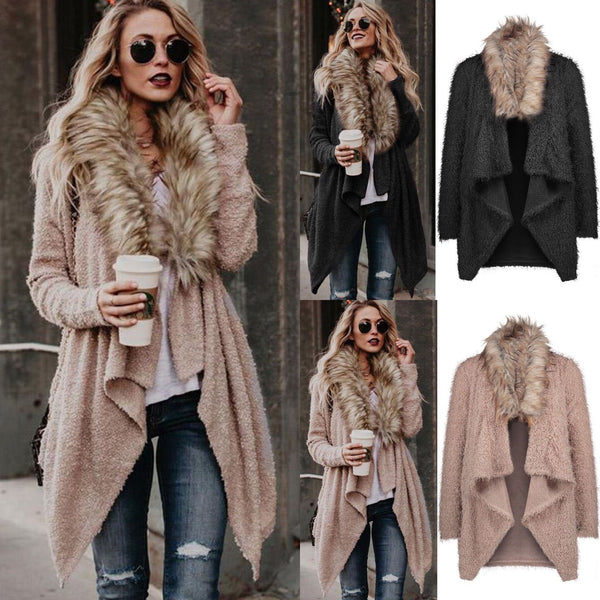 Fur collar cardigan plush trench coat - ROUTINE FASHION