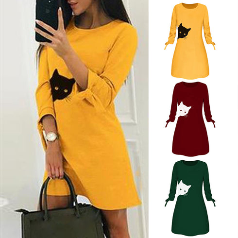 Women Elegant Dress Cat Print Bow O Neck Long Sleeve Party Mini Dresses Casual Ladies Elegant Dress Autumn Spring Dresses - ROUTINE FASHION