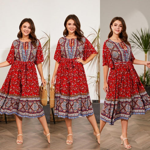 Fat Women Dresses Summer V Neck Print Beach Dress - ROUTINE FASHION