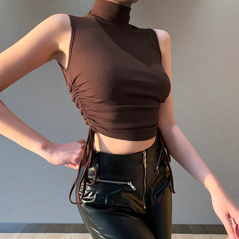 Women's Slim High Neck Waistcoat With Pleated Drawstring - ROUTINE FASHION