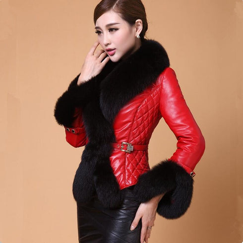 Best-selling Autumn  Winter Jacket Woman Fur Coat Fashion  Fox Fur Collar Women Coat Slim Short PU Leather Coat - ROUTINE FASHION